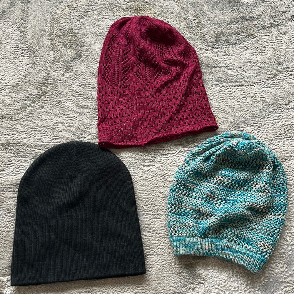 Beanie trio - red, black, and blue, lightweight knit fashion beanies